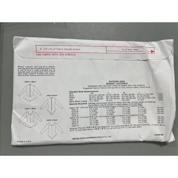 Kwik Sew Pattern 2004 Size XS-Large Long Sleeve Leotards With Skirt Stretch NEW - Picture 4 of 6